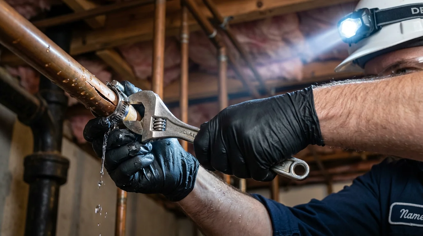 Emergency pipe clamp repair being performed by a Johns Plumbing LLC plumber in Dunedin