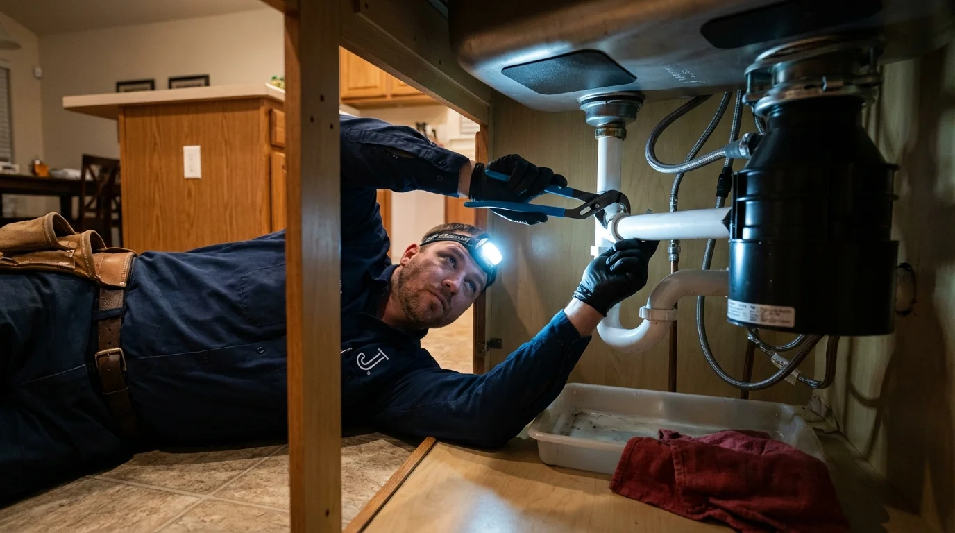 P-trap and supply line connections under a kitchen sink showing a common leak point in Dunedin, FL